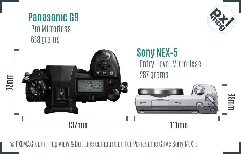 Panasonic G9 vs Sony NEX-5 top view buttons comparison