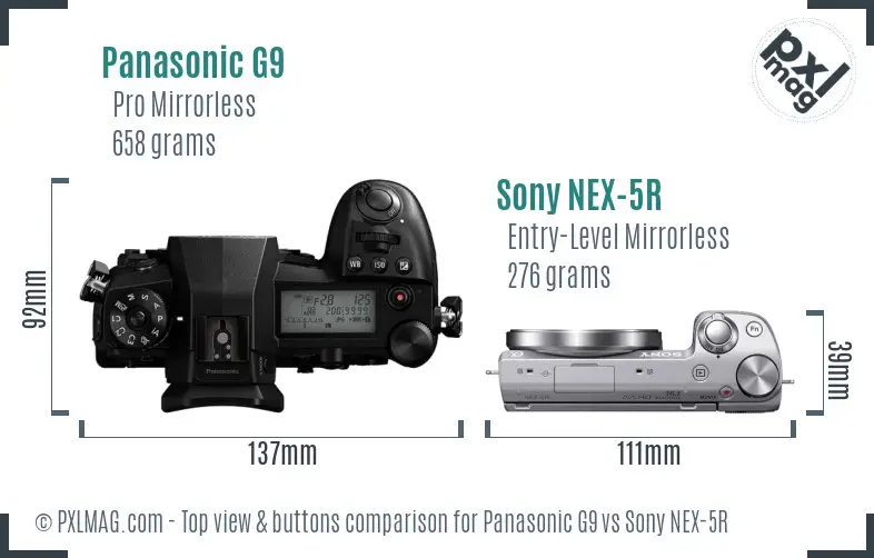 Panasonic G9 vs Sony NEX-5R top view buttons comparison