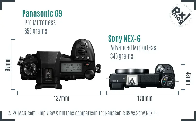Panasonic G9 vs Sony NEX-6 top view buttons comparison