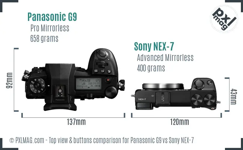Panasonic G9 vs Sony NEX-7 top view buttons comparison
