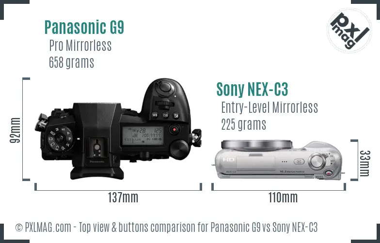Panasonic G9 vs Sony NEX-C3 top view buttons comparison
