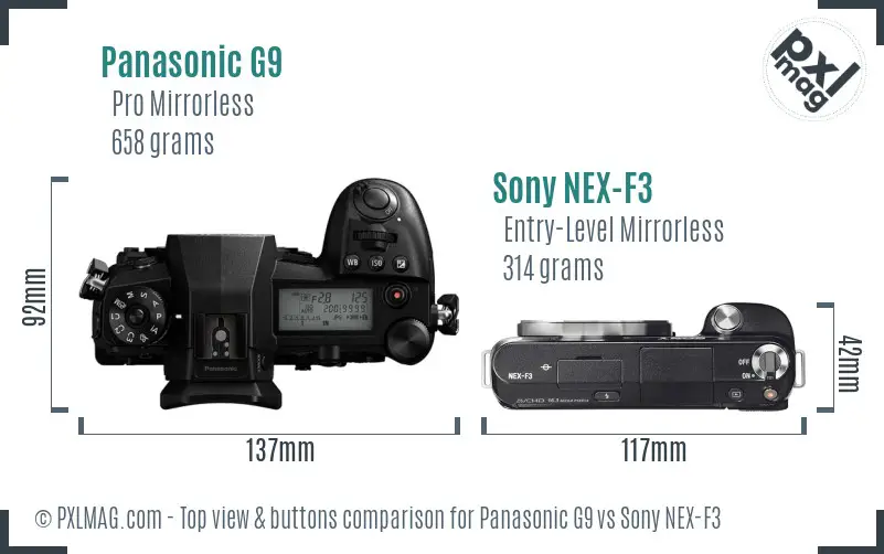 Panasonic G9 vs Sony NEX-F3 top view buttons comparison