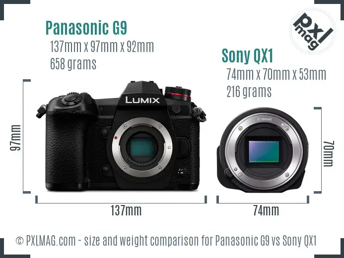 Panasonic G9 vs Sony QX1 size comparison