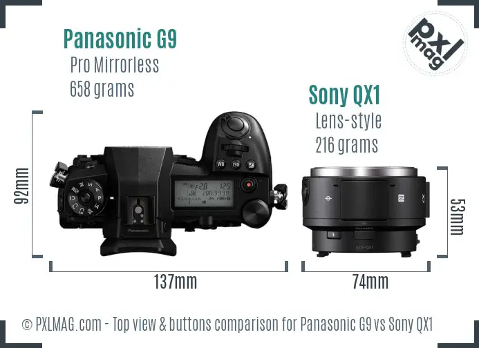 Panasonic G9 vs Sony QX1 top view buttons comparison