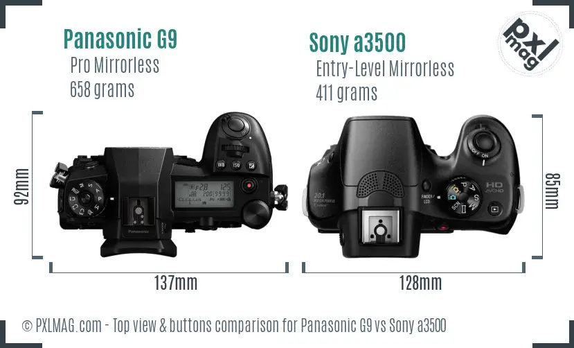 Panasonic G9 vs Sony a3500 top view buttons comparison
