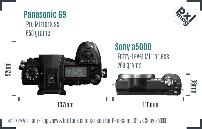 Panasonic G9 vs Sony a5000 top view buttons comparison