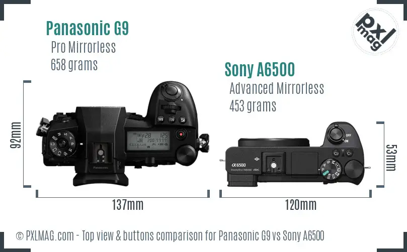Panasonic G9 vs Sony A6500 top view buttons comparison