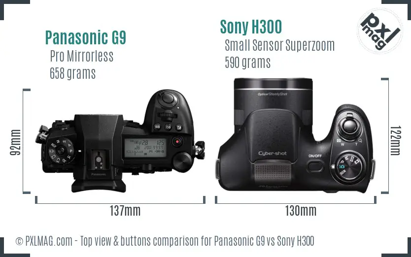 Panasonic G9 vs Sony H300 top view buttons comparison