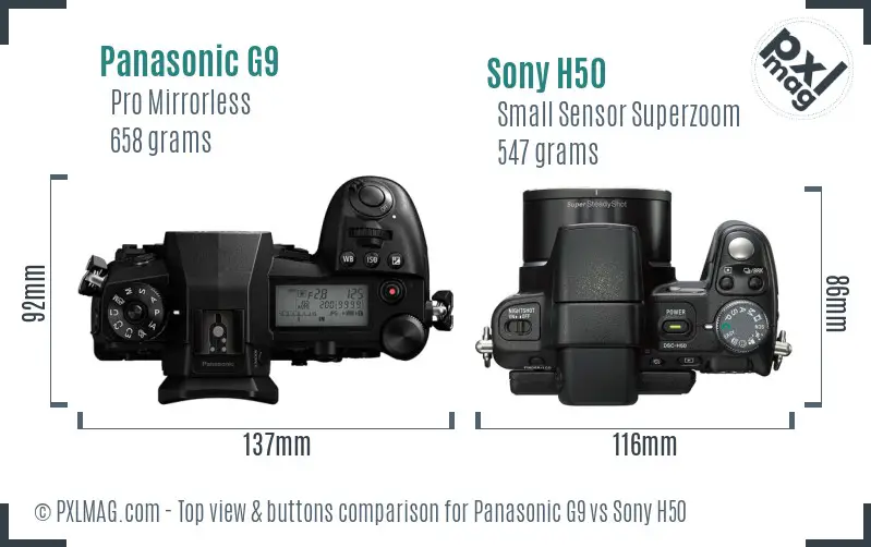 Panasonic G9 vs Sony H50 top view buttons comparison