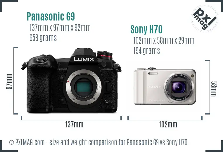 Panasonic G9 vs Sony H70 size comparison