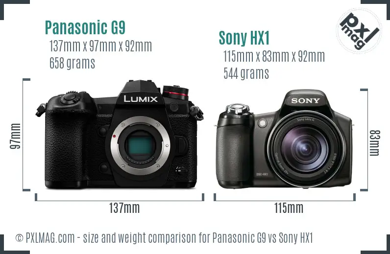 Panasonic G9 vs Sony HX1 size comparison
