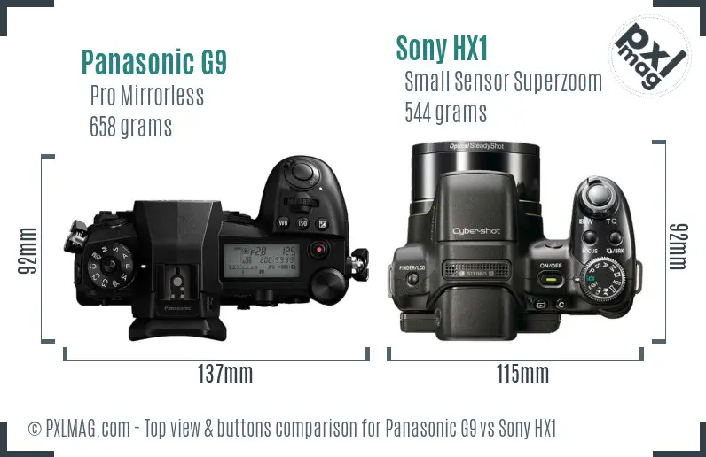 Panasonic G9 vs Sony HX1 top view buttons comparison