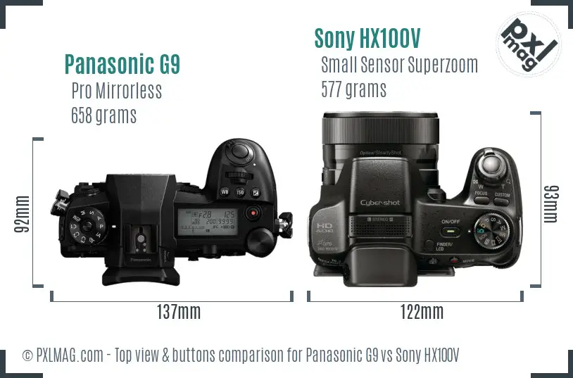 Panasonic G9 vs Sony HX100V top view buttons comparison