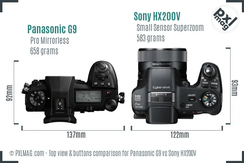 Panasonic G9 vs Sony HX200V top view buttons comparison