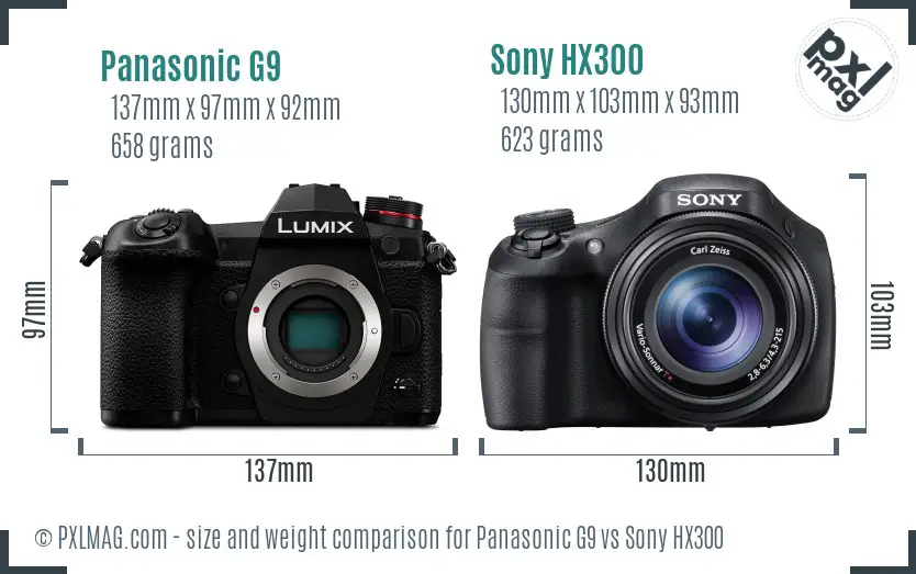 Panasonic G9 vs Sony HX300 size comparison