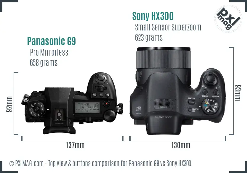 Panasonic G9 vs Sony HX300 top view buttons comparison