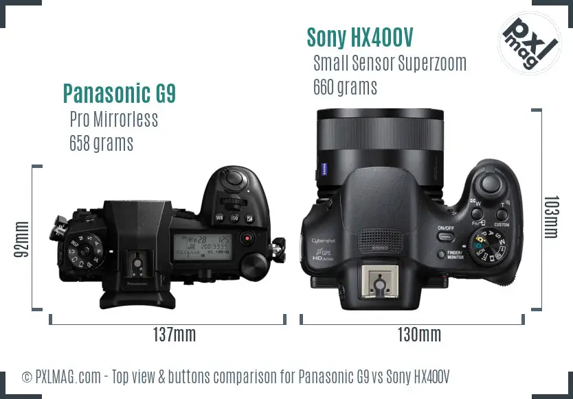 Panasonic G9 vs Sony HX400V top view buttons comparison