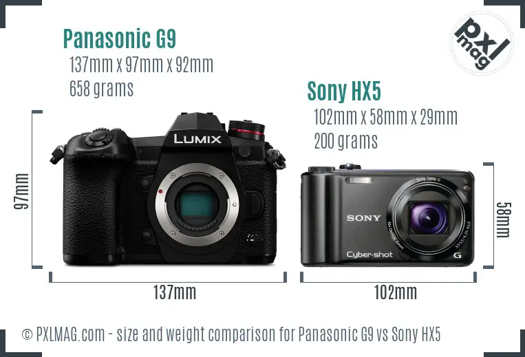 Panasonic G9 vs Sony HX5 size comparison