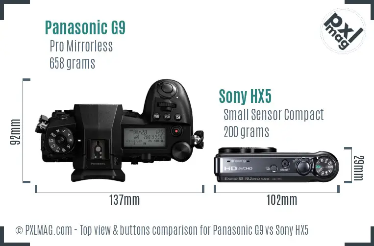Panasonic G9 vs Sony HX5 top view buttons comparison