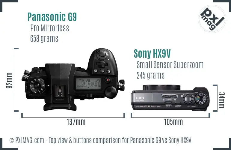 Panasonic G9 vs Sony HX9V top view buttons comparison
