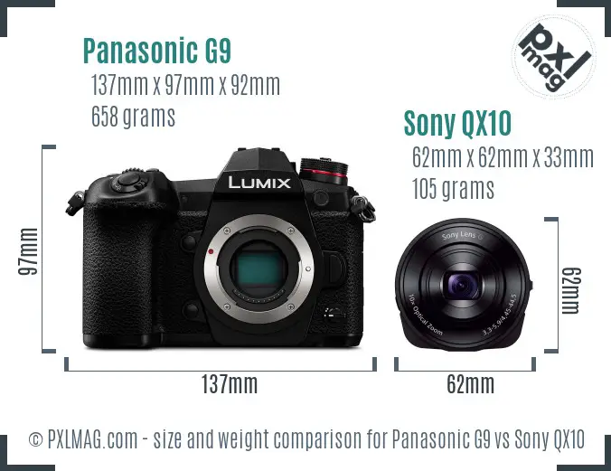 Panasonic G9 vs Sony QX10 size comparison