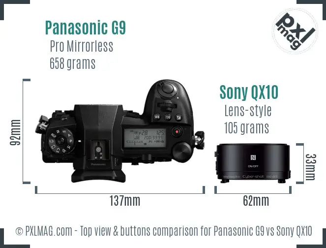 Panasonic G9 vs Sony QX10 top view buttons comparison