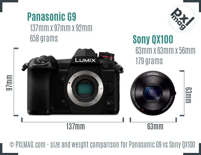 Panasonic G9 vs Sony QX100 size comparison