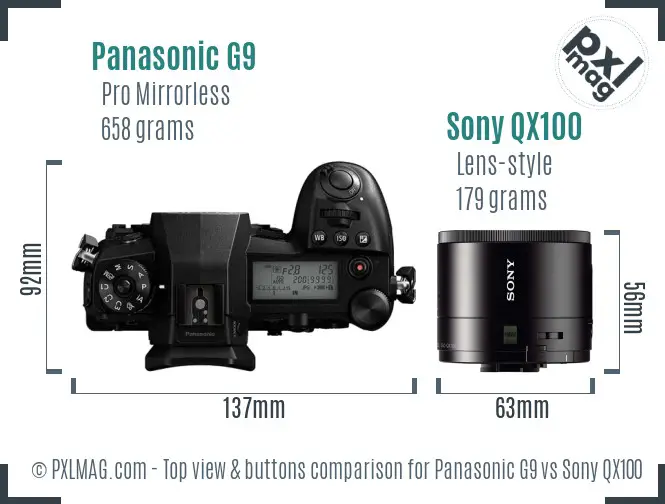 Panasonic G9 vs Sony QX100 top view buttons comparison