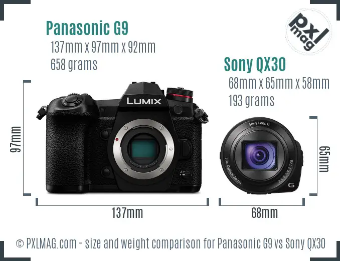 Panasonic G9 vs Sony QX30 size comparison