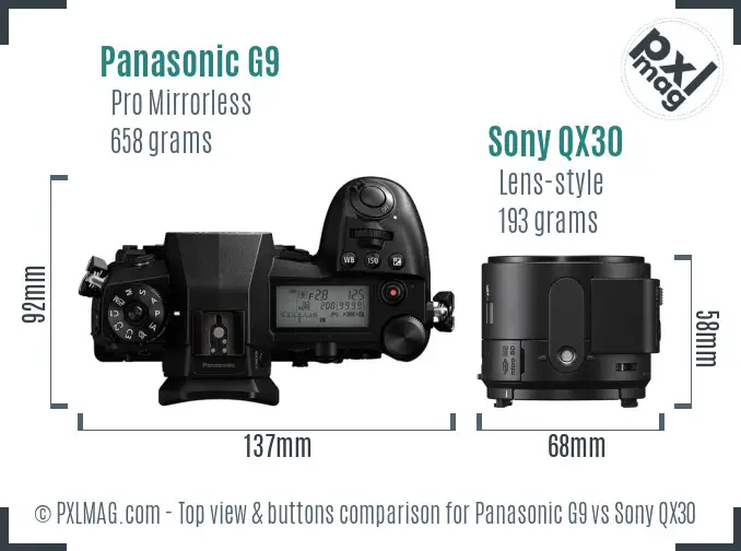 Panasonic G9 vs Sony QX30 top view buttons comparison