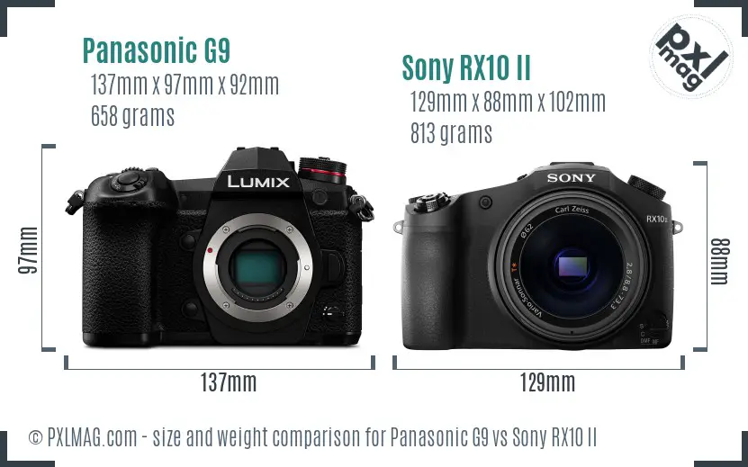 Panasonic G9 vs Sony RX10 II size comparison