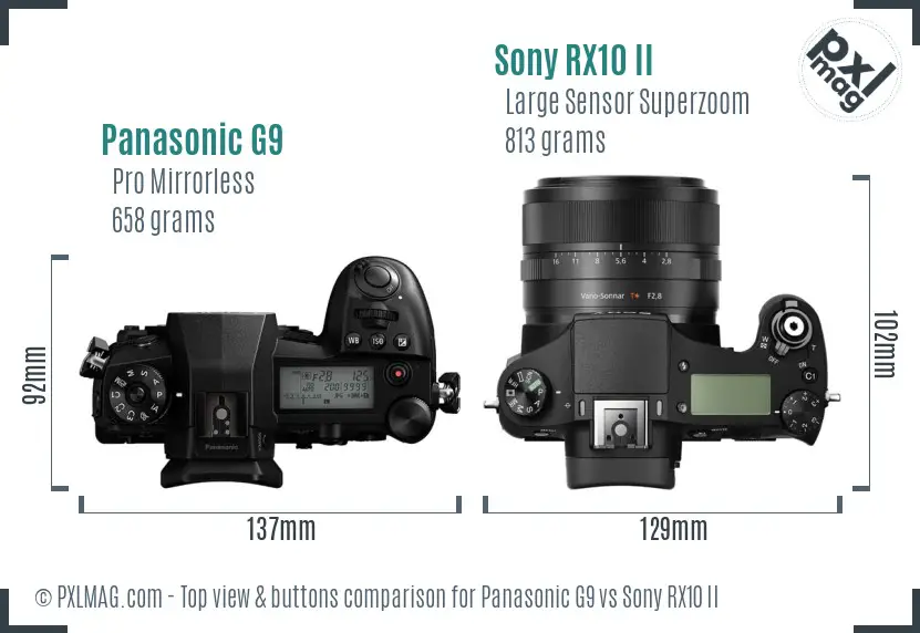 Panasonic G9 vs Sony RX10 II top view buttons comparison
