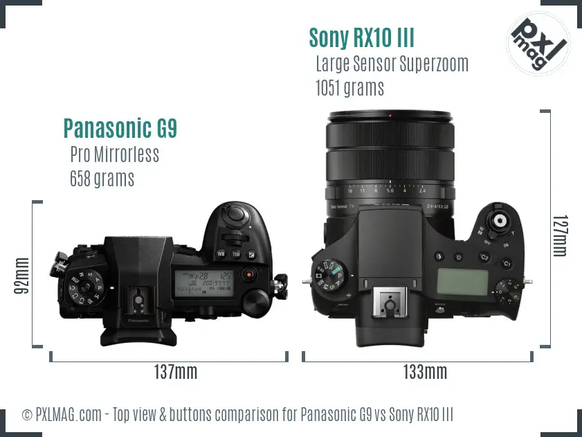 Panasonic G9 vs Sony RX10 III top view buttons comparison