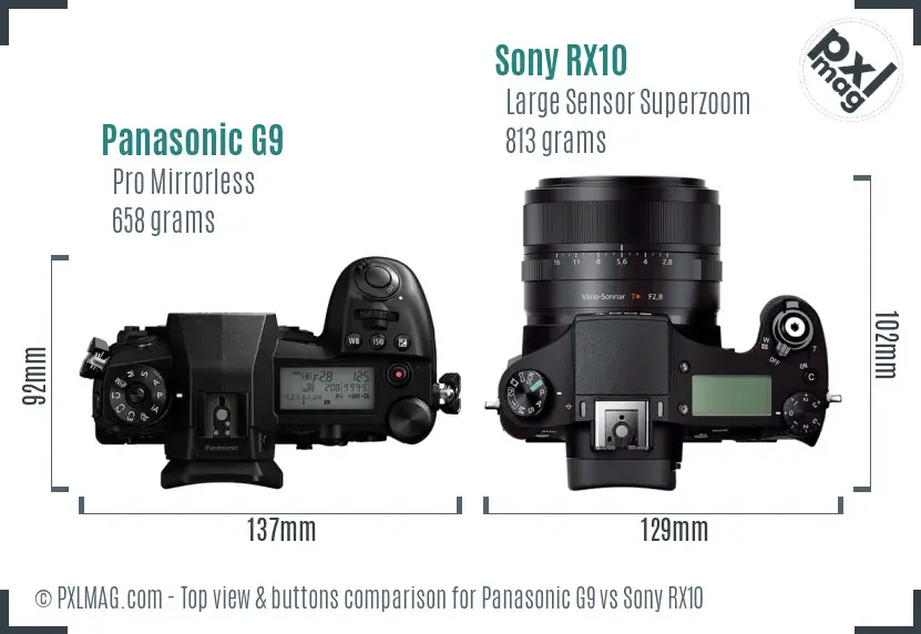 Panasonic G9 vs Sony RX10 top view buttons comparison