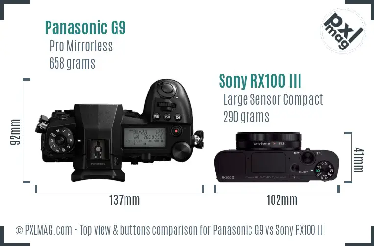 Panasonic G9 vs Sony RX100 III top view buttons comparison