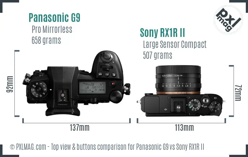 Panasonic G9 vs Sony RX1R II top view buttons comparison