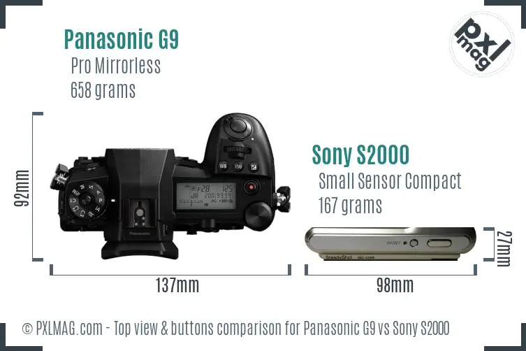 Panasonic G9 vs Sony S2000 top view buttons comparison