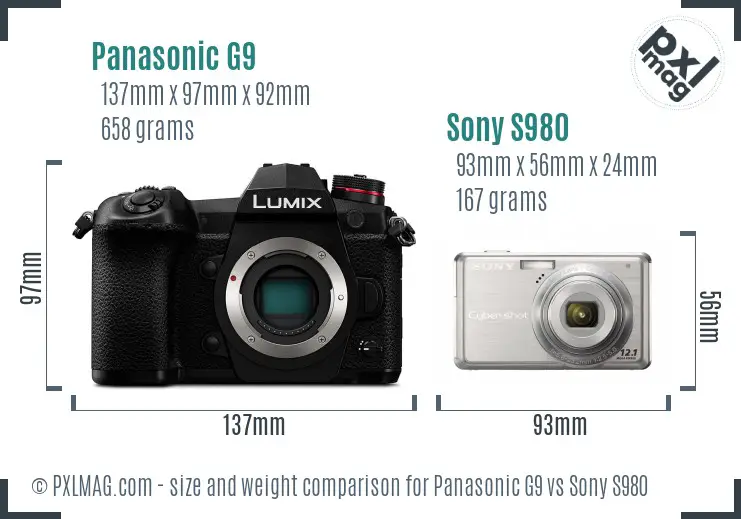 Panasonic G9 vs Sony S980 size comparison