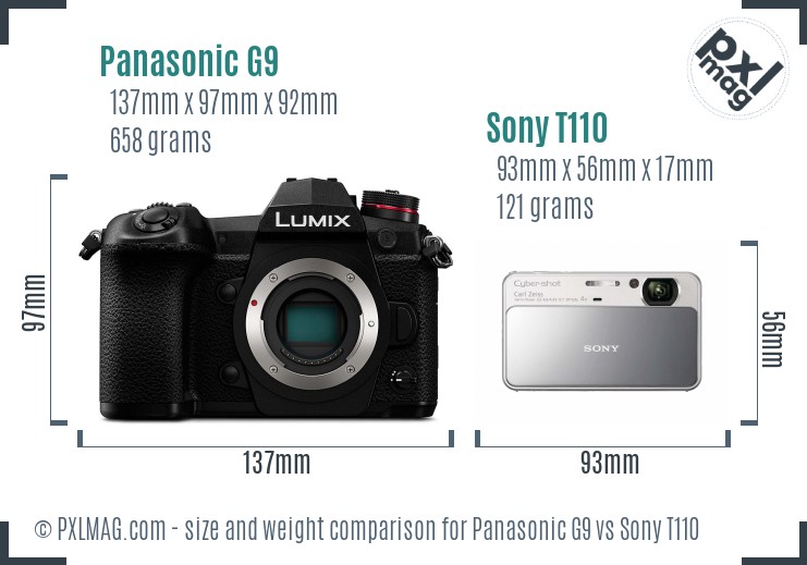 Panasonic G9 vs Sony T110 size comparison