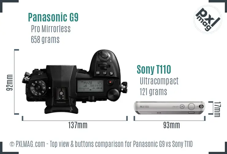 Panasonic G9 vs Sony T110 top view buttons comparison