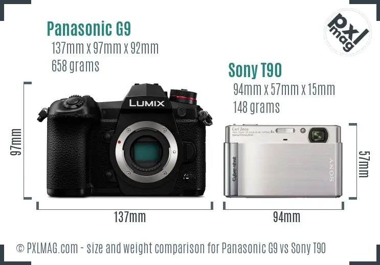 Panasonic G9 vs Sony T90 size comparison