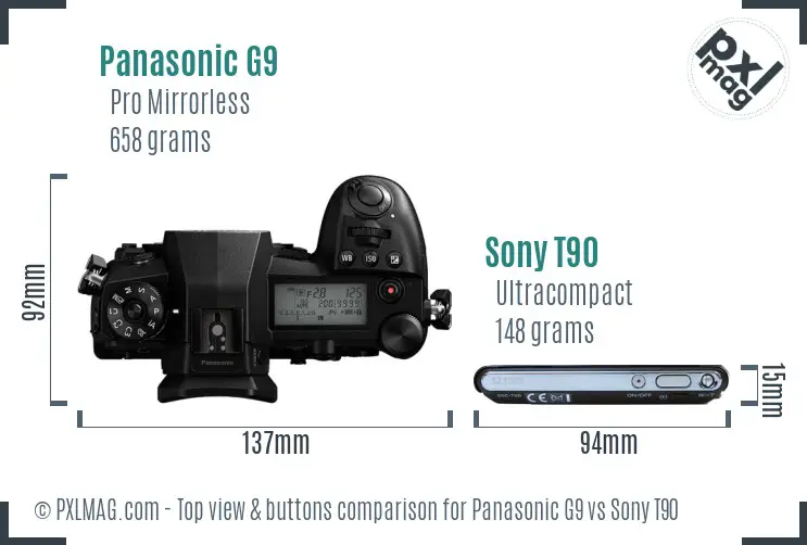 Panasonic G9 vs Sony T90 top view buttons comparison