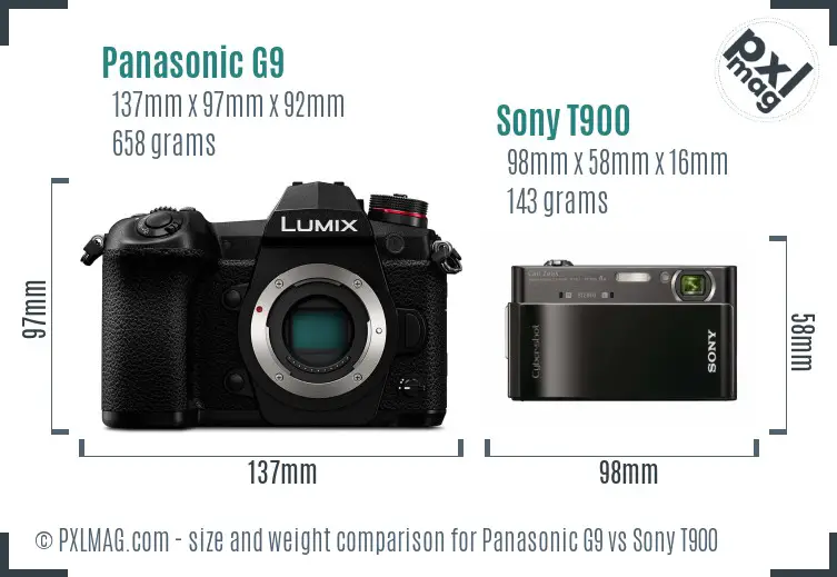 Panasonic G9 vs Sony T900 size comparison