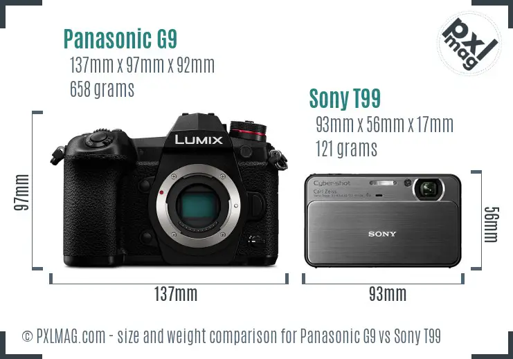 Panasonic G9 vs Sony T99 size comparison