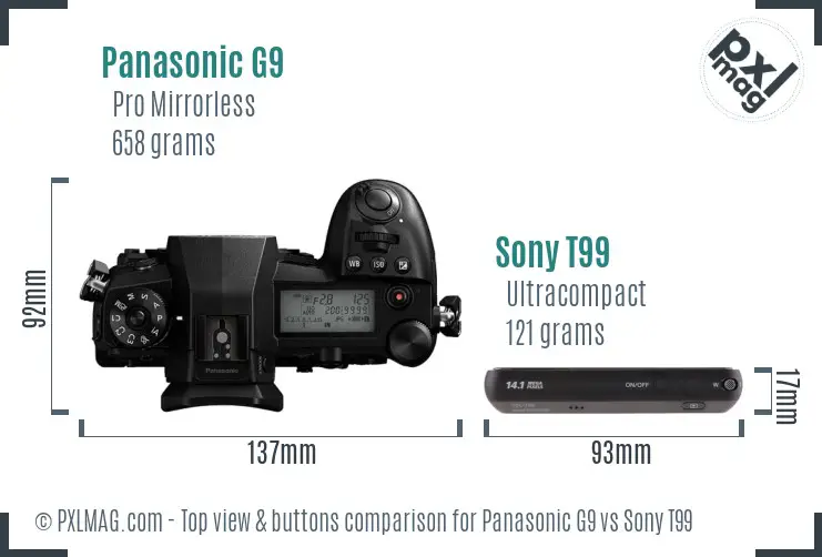 Panasonic G9 vs Sony T99 top view buttons comparison