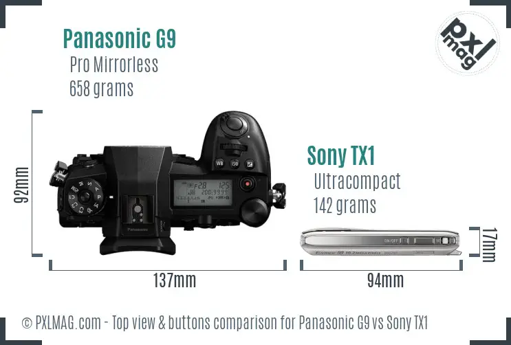 Panasonic G9 vs Sony TX1 top view buttons comparison