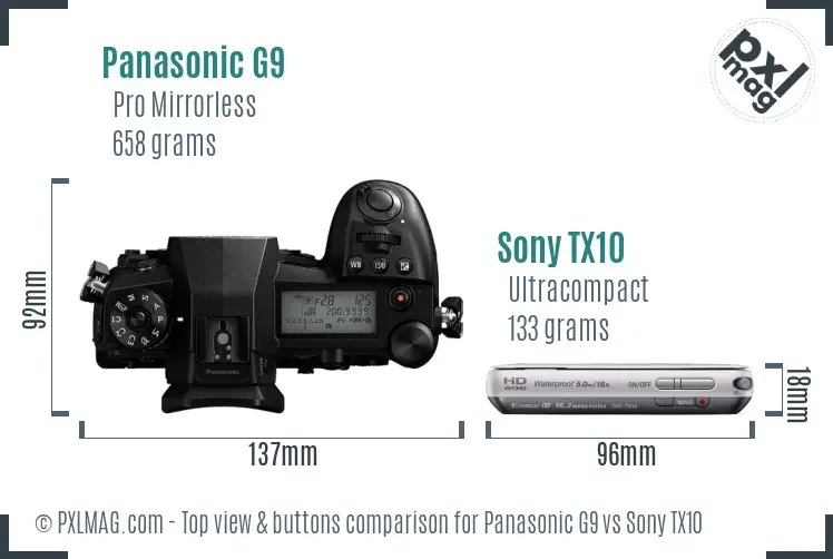 Panasonic G9 vs Sony TX10 top view buttons comparison