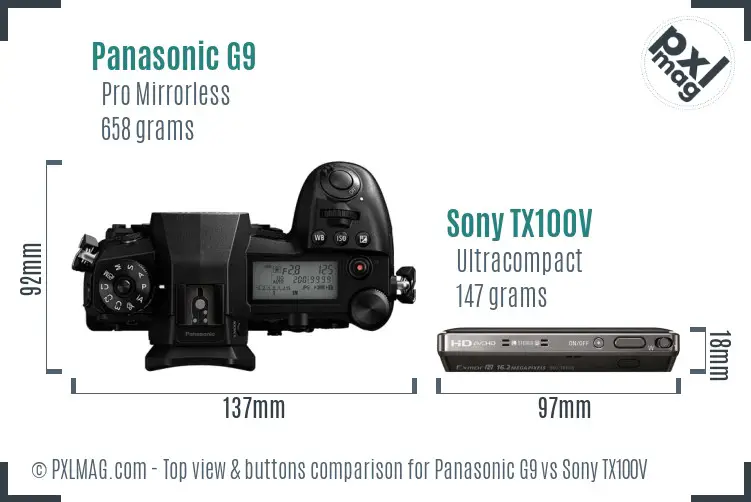 Panasonic G9 vs Sony TX100V top view buttons comparison Panasonic G9 vs Sony TX100V top view buttons comparison
