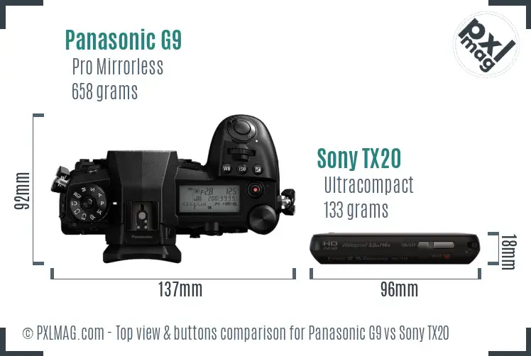 Panasonic G9 vs Sony TX20 top view buttons comparison