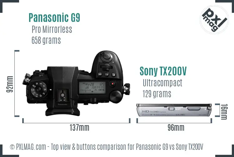 Panasonic G9 vs Sony TX200V top view buttons comparison